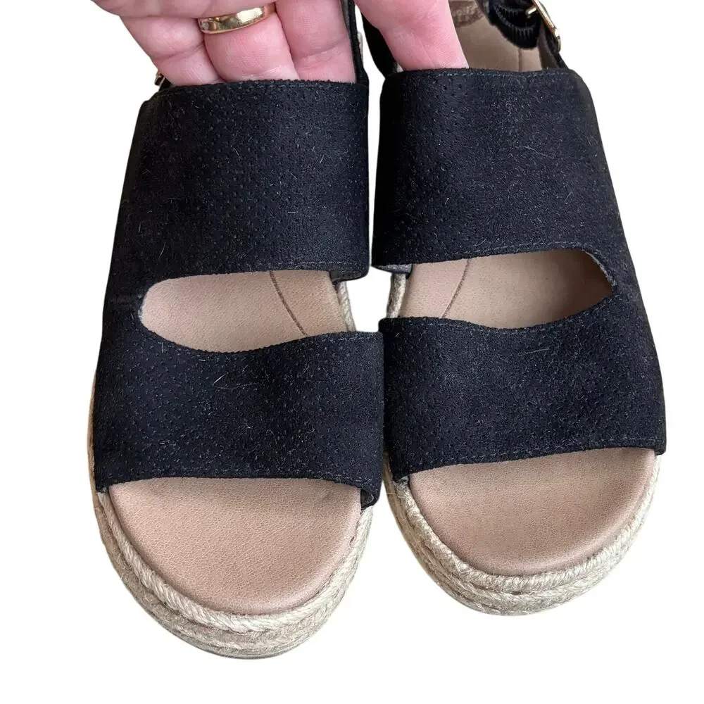 Dr Scholl’s black canvas espadrille platforms sandals strappy casual shoes